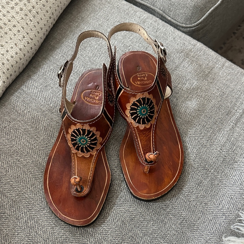 Genuine Tooled Leather Maui Brown Sandals with Turquoise Boho Floral Detail